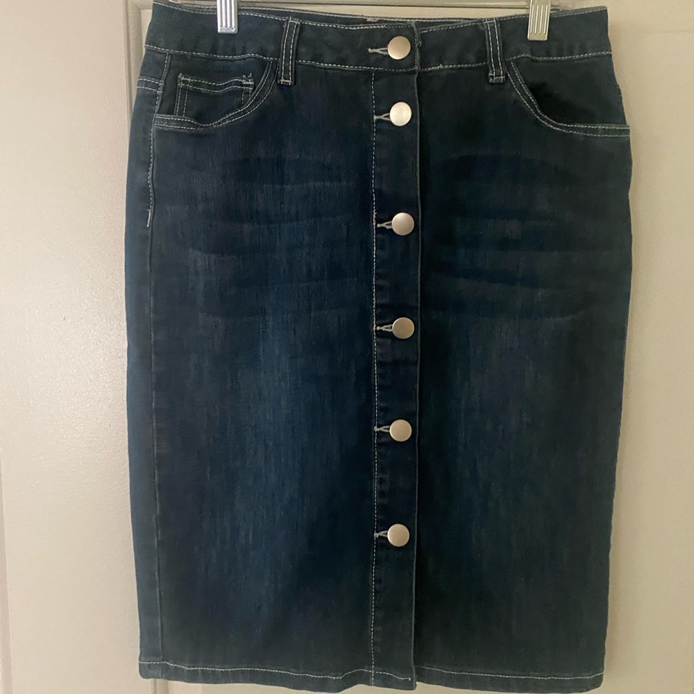 Baccini Dark Blue Button-Front Midi Denim Skirt